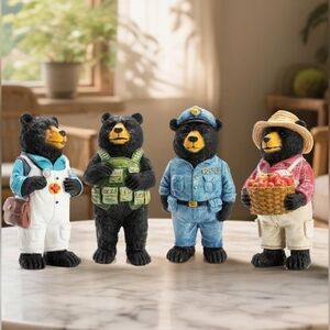 Black Bear Figurine Set of 4 | 6” Hand-Painted Resin